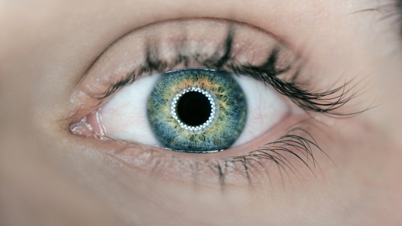 Close extremo de um olho azul-esverdeado, íris e pupila em macro